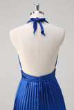 Royal Blue Pleated Halter Backless Bridesmaid Dress