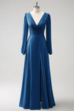 A Line Grey Blue V Neck Chiffon Bridesmaid Dress with Long Sleeves