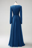 A Line Grey Blue V Neck Chiffon Bridesmaid Dress with Long Sleeves