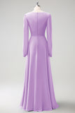 A Line Grey Blue V Neck Chiffon Bridesmaid Dress with Long Sleeves