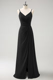 Dark Green Spaghetti Straps Ruche Long Bridesmaid Dress with Slit