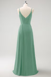 Dark Green Spaghetti Straps Ruche Long Bridesmaid Dress with Slit