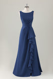 Dark Blue Ruffled A Line Chiffon Floor Length Dress