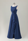 Dark Blue Ruffled A Line Chiffon Maxi Dress