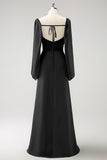 Dark Blue Sheath Square Neck Chiffon Long Sleeves Long Bridesmaid Dress with Slit