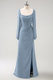 Dark Blue Sheath Square Neck Chiffon Long Sleeves Long Bridesmaid Dress with Slit