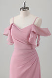 Pink Ruched Cold Shoulder Bridesmaid Dress with Slit