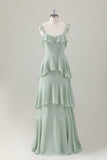 A Line Light Green Corset Tiered Ruffles Chiffon Floor Length Dress