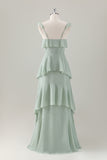 A Line Light Green Corset Tiered Ruffles Chiffon Floor Length Dress