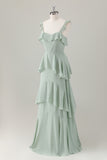 A Line Light Green Corset Tiered Ruffles Chiffon Floor Length Dress