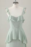 A Line Light Green Corset Tiered Ruffles Chiffon Floor Length Dress