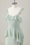 A Line Light Green Corset Tiered Ruffles Chiffon Floor Length Dress