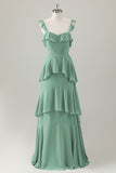 A Line Light Green Corset Tiered Ruffles Chiffon Maxi Dress