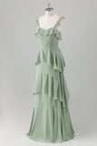 A Line Light Green Corset Tiered Ruffles Chiffon Maxi Dress