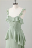 A Line Light Green Corset Tiered Ruffles Chiffon Maxi Dress