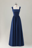 Dark Blue Ruched A Line Chiffon Corset Floor Length Dress with Lace-Up Back