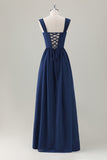 Dark Blue Ruched A Line Chiffon Corset Maxi Dress with Lace-Up Back