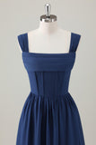 Dark Blue Ruched A Line Chiffon Corset Maxi Dress with Lace-Up Back