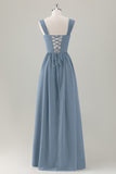 Dark Blue Ruched A Line Chiffon Corset Maxi Dress with Lace-Up Back