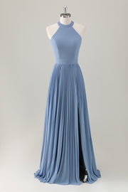 Grey Blue A Line Halter Pleated Maxi Dress with Slit