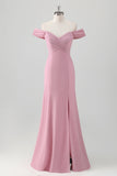 Chiffon Pink Off the Shoulder Sheath Bridesmaid Dress with Slit