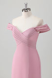 Chiffon Pink Off the Shoulder Sheath Bridesmaid Dress with Slit