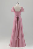 Chiffon Pink Off the Shoulder Sheath Bridesmaid Dress with Slit