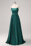 Dark Green A Line Spaghetti Straps Satin Ruched Long Bridesmaid Dress