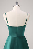 Dark Green A Line Spaghetti Straps Satin Ruched Long Bridesmaid Dress