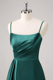 Dark Green A Line Spaghetti Straps Satin Ruched Long Bridesmaid Dress