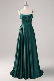 Dark Green A Line Spaghetti Straps Satin Ruched Long Bridesmaid Dress