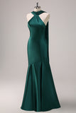 Dark Green Satin Mermaid Halter Maxi Dress