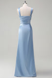 Sky Blue Ruched Satin Bridesmaid Dress with Slit