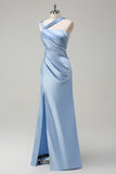 Sky Blue Ruched Satin Bridesmaid Dress with Slit