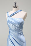 Sky Blue Ruched Satin Bridesmaid Dress with Slit