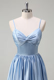 Sky Blue A Line Pleated Hollow Out Bridesmaid Dress with Bow