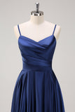 Navy Spaghetti Straps Ruched A Line Tea Length Dress