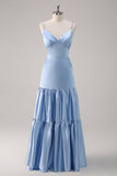 Sky Blue A Line Spaghetti Straps Satin Maxi Bridesmaid Dress