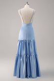 Sky Blue A Line Spaghetti Straps Satin Maxi Bridesmaid Dress