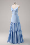 Sky Blue A Line Spaghetti Straps Satin Maxi Bridesmaid Dress