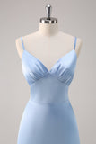 Sky Blue A Line Spaghetti Straps Satin Maxi Bridesmaid Dress