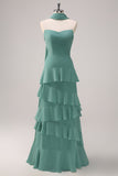 Eucalyptus Strapless Ruffled Floor Length Dress with Ribbon