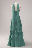 Eucalyptus Strapless Ruffled Floor Length Dress with Ribbon