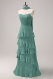 Eucalyptus Strapless Ruffled Floor Length Dress with Ribbon