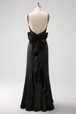 Black Mermaid Spaghetti Straps Ruffed Bow Back Satin Long Bridesmaid Dress