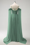 Light Green Cold Shoulder Detachable Sleeves A Line Chiffon Maxi Bridesmaid Dress