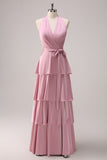 Tiered Pink A Line Halter Floor Length Dress with Sash