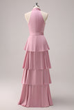 Tiered Pink A Line Halter Floor Length Dress with Sash