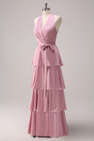 Tiered Pink A Line Halter Floor Length Dress with Sash