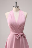 Tiered Pink A Line Halter Floor Length Dress with Sash